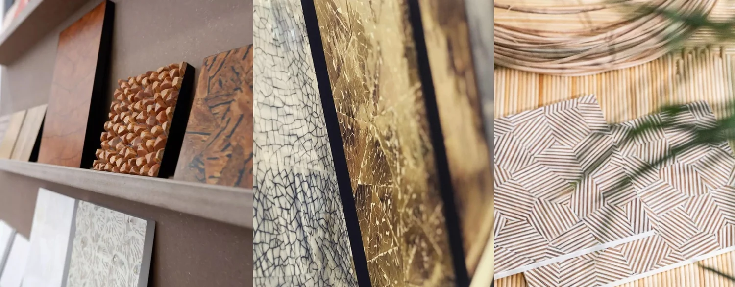 Collection of natural-material surface samples showing varied texture, pattern, and finish.